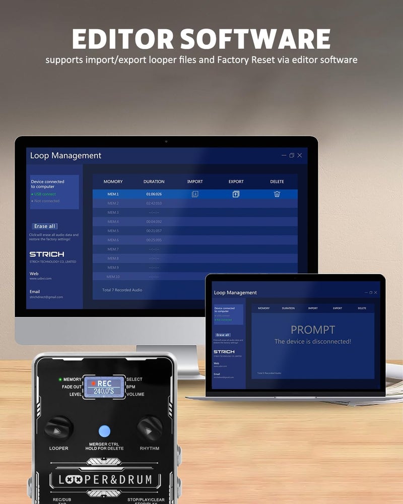 STRICH Stereo Looper Pedal Guitar Pedal with Built-in Drum Machine, 100 Diverse Drum Patterns, 160 Minutes Recording Time, USB for Audio Upload or Download, Support Footswitch Control - Image 5